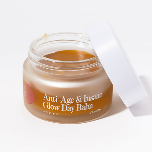 Bálsamo de Día Antiedad y Luminosidad Increíble Frøya Organics en frasco de vidrio con tapa – vista frontal del bálsamo antiedad orgánico
