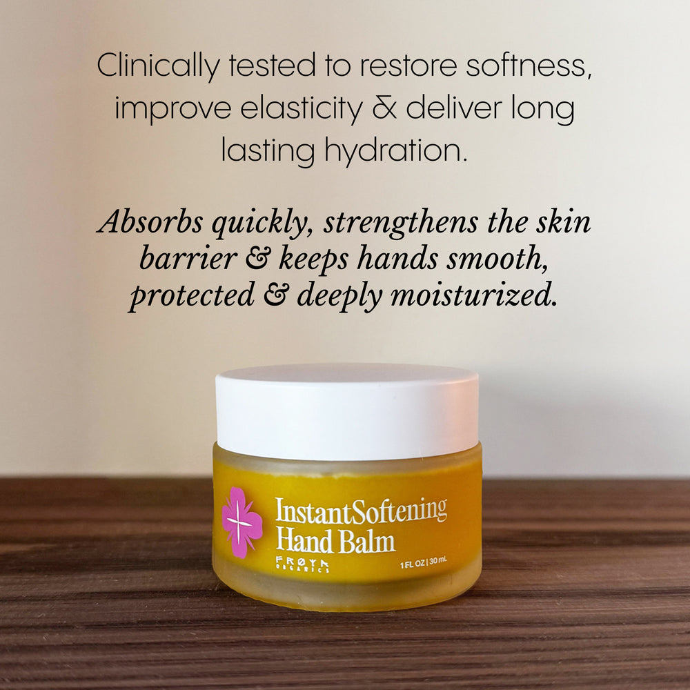 Frøya Organics Instant Softening Hand Balm glass jar close-up showing product label and size