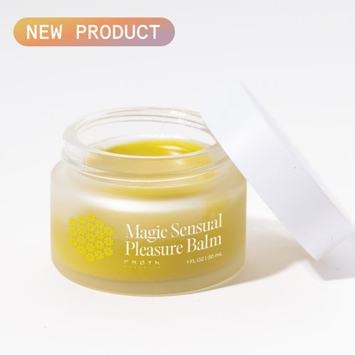 Frøya Organics Bálsamo del Placer Sensual en tarro de vidrio con tapa – vista frontal del bálsamo íntimo orgánico