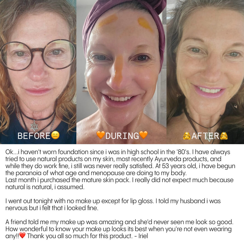 Mature woman showing radiant skin after using Frøya Organics Complete System