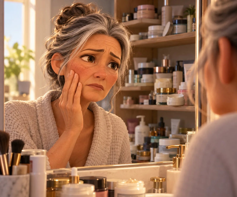 A woman at her bathroom mirror in front of a shelf of half-used creams