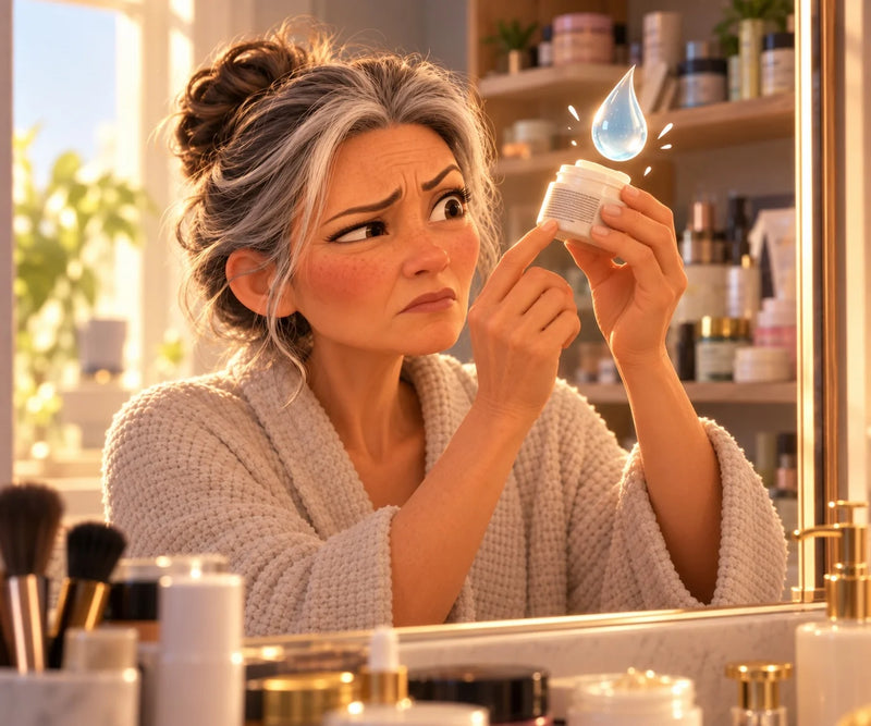 A woman squinting at the ingredient list on a cream jar