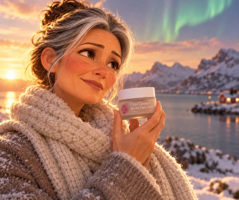 A woman on a snowy Norwegian fjord holding a Frøya jar